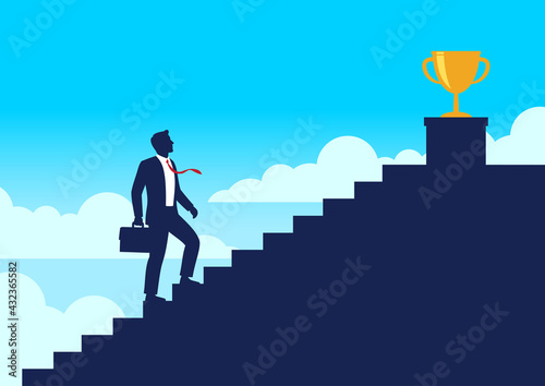 Silhouette businessman walking up stairway to trophy cup, Climb up the staircases and win price of success, Business journey concept growth and the path to successful, Flat design vector illustration