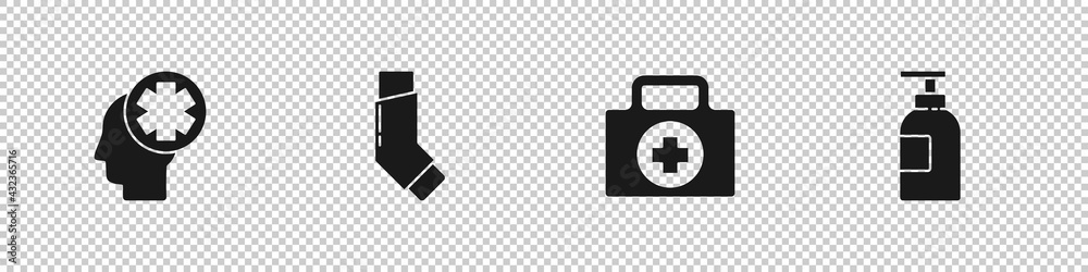 Fototapeta premium Set Male head with hospital, Inhaler, First aid kit and Hand sanitizer bottle icon. Vector