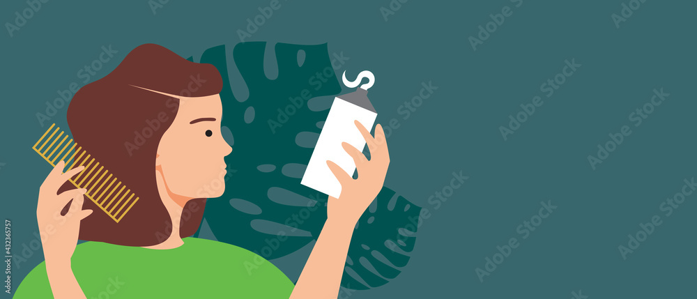 Woman hair care, copy space template, flat vector stock illustration with natural shampoo, balm, hair cream as cruelty free Woman hair care, copy space template, flat vector stock illustration with natural shampoo, balm, hair cream as cruelty free