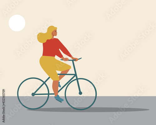 Woman cyclist, copy space template, flat us stock illustration with urban cycling. Riding bike with place for text to overlay