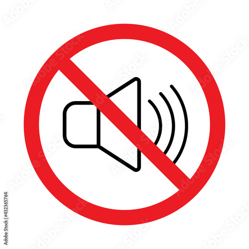No speaker, No sound icon sign, Volume off, Prohibition symbol sticker for area places, Isolated on white background, Thin line design vector illustration