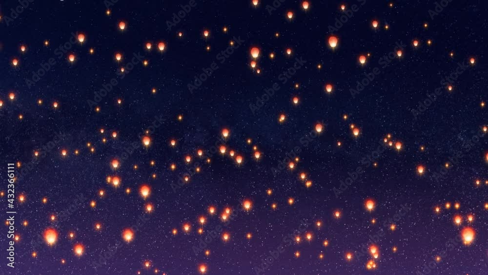 Bright warm floating lanterns animation, against a starry background.