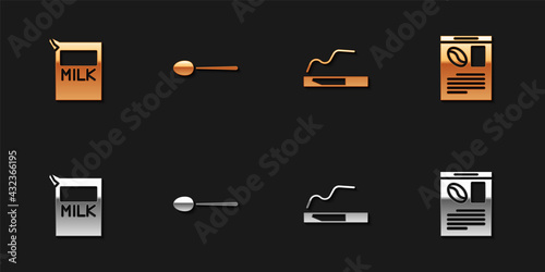 Set Paper package for milk, Spoon, Cigarette and Newspaper and coffee icon. Vector