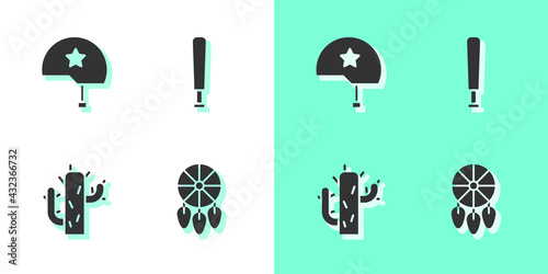 Set Dream catcher with feathers, Military helmet, Cactus and Baseball bat icon. Vector