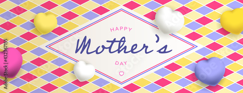 Happy mother's day, sous forme de carte ou bannière, poster ou flyer, avec des losanges et des gros coeurs jaunes, violets, fushias et blancs