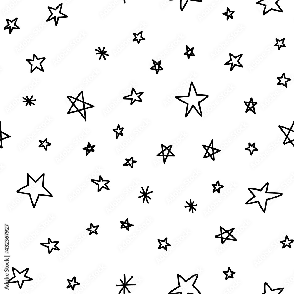 Fototapeta premium Hand drawn stars seamless pattern. Monochrome texture background of star doodle illustrations.