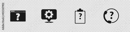 Set Browser with question mark, Location gear, Clipboard marks and Telephone 24 hours support icon. Vector