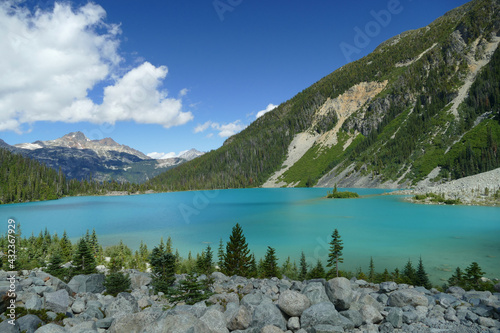 Joffre Lake with beautiful water colour panoramic view landscape, in Canadian Rockies near Whistler, popular tourist hiking destination, British Columbia, Canada