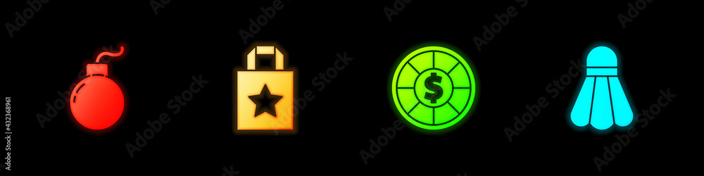 Set Bomb ready to explode, Paper shopping bag, Casino chips and Badminton shuttlecock icon. Vector Set Bomb ready to explode, Paper shopping bag, Casino chips and Badminton shuttlecock icon. Vector
