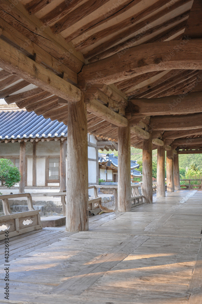 Korean Confucian Academy from Joseon Dynasty era. View of pavilion wooden structure and courtyard. Byeongsan Seowon, Andong, South Korea.