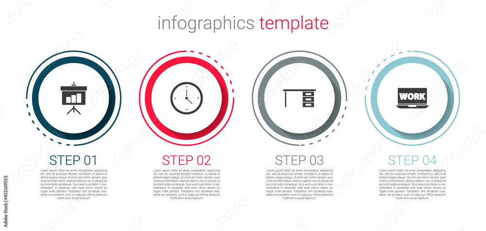 Set Chalkboard with diagram, Clock, Office desk and Laptop text work. Business infographic template. Vector Set Chalkboard with diagram, Clock, Office desk and Laptop text work. Business infographic template. Vector