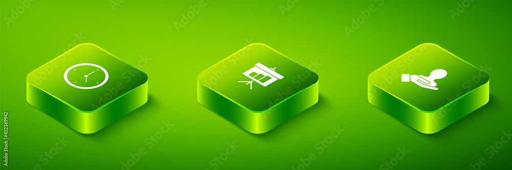 Set Isometric Chalkboard with diagram, Hand for search people and Clock icon. Vector