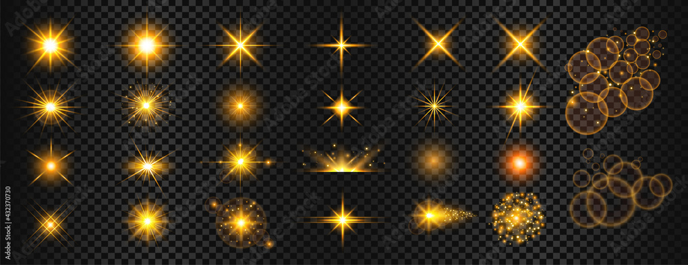 transparent golden light flare and sparkles mega set