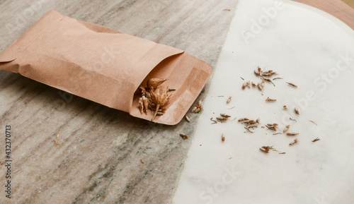 Canvas Print Wild flower seeds collected in a brown packet