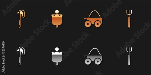 Set Medieval axe, flag, Wooden four-wheel cart and Garden pitchfork icon. Vector