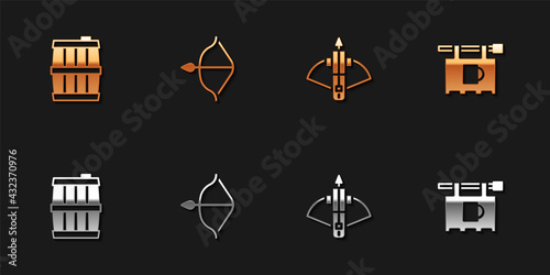 Set Wooden barrel, Medieval bow and arrow, Battle crossbow with and Street signboard Bar icon. Vector