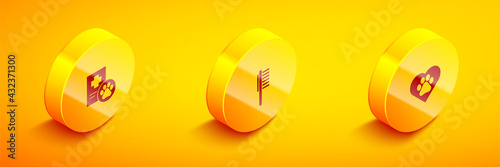 Set Isometric Clinical record pet, Pets vial medical and Heart with animals footprint icon. Vector