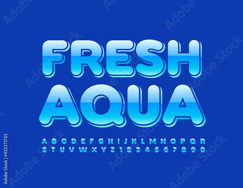 Vector trendy Emblem Fresh Aqua. Blue Glossy Font. Artistic Alphabet Letters and Numbers
