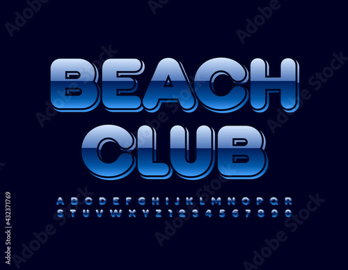 Vector modern logo Beach Club with Blue reflective Font. Isometric Alphabet Letters and Numbers set