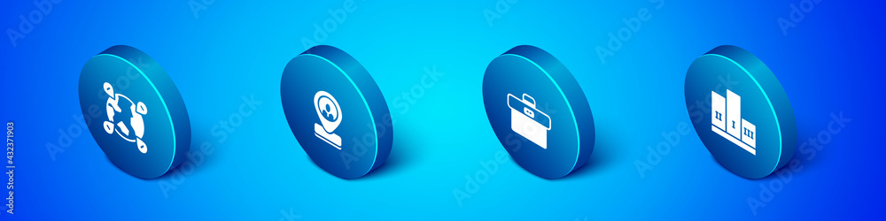 Set Isometric Location on the globe, Briefcase, Award over winner podium and Worker location icon. Vector Set Isometric Location on the globe, Briefcase, Award over winner podium and Worker location icon. Vector