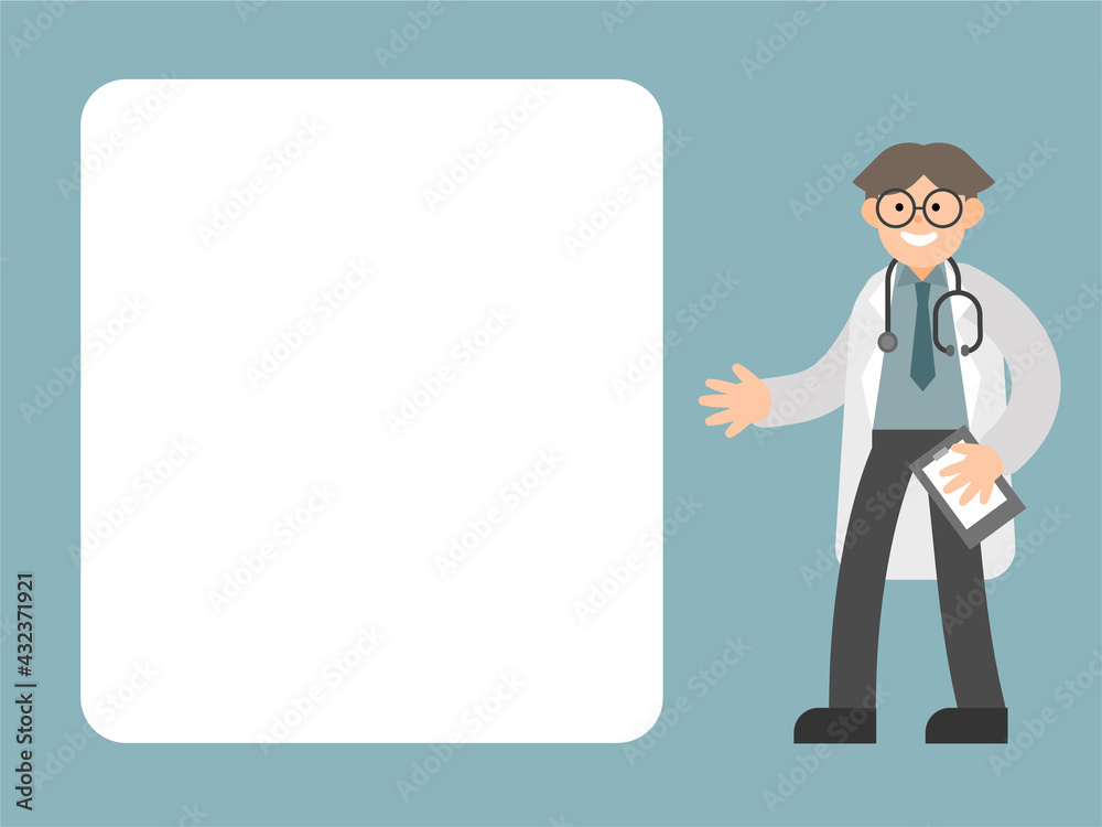Doctor with speaking bubble. Male doctor with blank board. Isolated Vector.