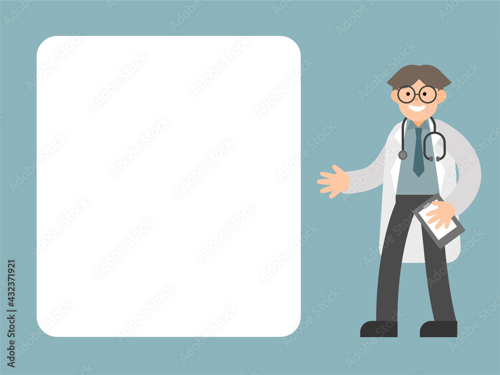 Doctor with speaking bubble. Male doctor with blank board. Isolated Vector. Doctor with speaking bubble. Male doctor with blank board. Isolated Vector.