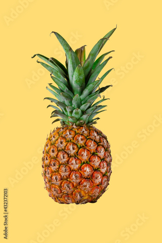 Pineapple isolated. One whole fresh pineapple with green leaves isolated on yellow background.