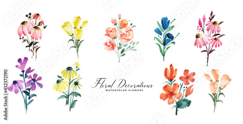 isolated watercolor flowers decoration set