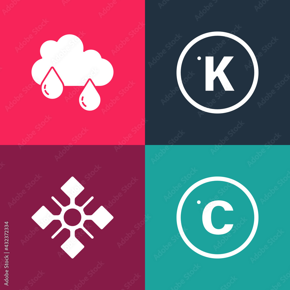 Set pop art Celsius, Snowflake, Kelvin and Cloud with rain icon. Vector