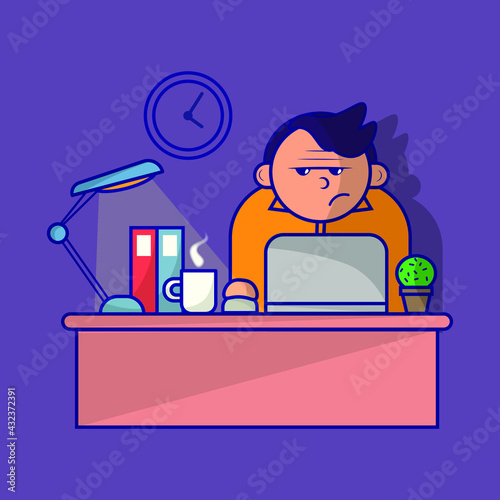 Person in the office. Hard work in office till night. Man is tired of work. Flat vector illustration. 