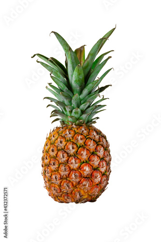 Pineapple isolated. One whole ripe pineapple with green leaves isolated on white background.