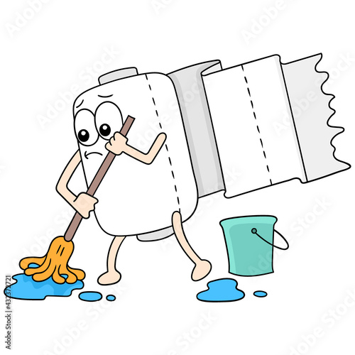 toilet paper was mopping the toilet floor diligently, doodle icon image kawaii