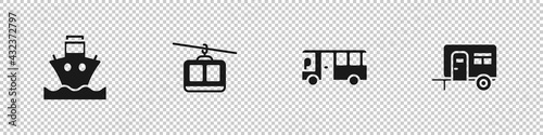 Set Cargo ship, Cable car, Bus and Rv Camping trailer icon. Vector