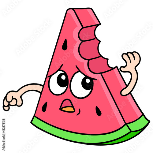 cartoon cut watermelon sad and scared to eat, doodle icon image kawaii