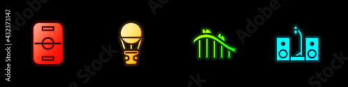 Set Hockey table, Hot air balloon, Roller coaster and Home stereo with two speakers icon. Vector