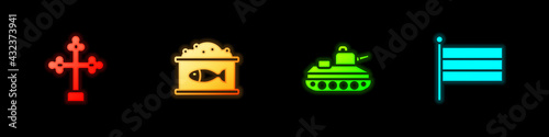 Set Christian cross, Tin can with caviar, Military tank and National Russia flag icon. Vector