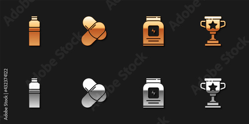 Set Fitness shaker, Sports nutrition, and Award cup icon. Vector