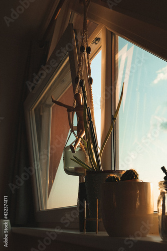 Intérieur d'appartement et ciel bleu et lumineux , lumière du soleil au travers de la fenêtre du salon de la maison, pantin en bois, plantes et golden hour 