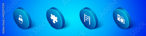 Set Isometric Tumbler doll toy, Abacus, Photo camera and Puzzle pieces icon. Vector