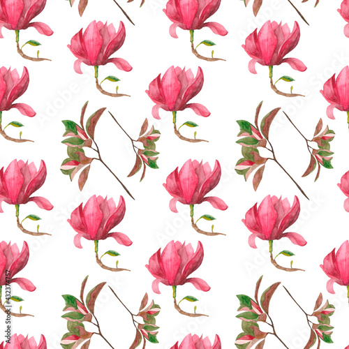 Watercolor illustration. Seamless design with pink magnolia flowers and twigs on a white background. Design for print  fabric  background  etc.