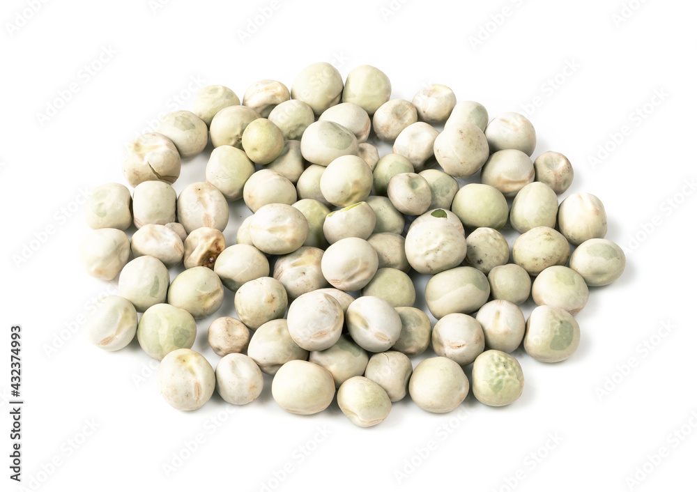 handful of dried whole green peas closeup on white