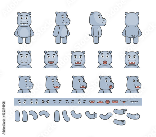 Cute hippopotamus character creation kit. Create your own action, animation, pose. Modern vector illustration
