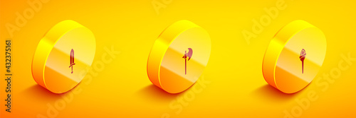 Set Isometric Medieval sword, axe and Torch flame icon. Vector