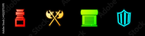 Set Poison in bottle, Crossed medieval axes, Decree, parchment, scroll and Shield icon. Vector