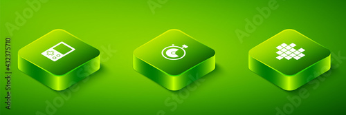 Set Isometric Stopwatch, Pixel hearts for game and Tetris icon. Vector