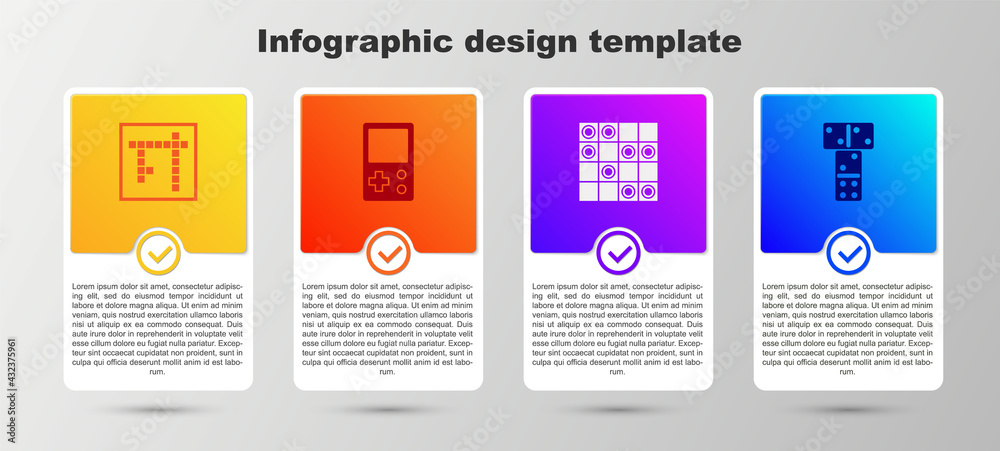 Set Bingo, Tetris, Board game of checkers and Domino. Business infographic template. Vector