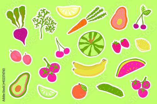 Fototapeta Naklejka Na Ścianę i Meble -  Vector set of vegetables and fruits stickers, isolated free hand drawn flat in cartoon childish simple style. Organic food, healthy lifestyle. Vegetarian, kitchen, cafe, market. Bright fresh colorful