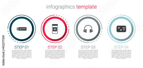 Set Location gym, Anabolic drugs, Headphones and Fitness club, card. Business infographic template. Vector