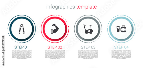 Set Sport expander, Bodybuilder muscle, Stationary bicycle and Sports nutrition. Business infographic template. Vector