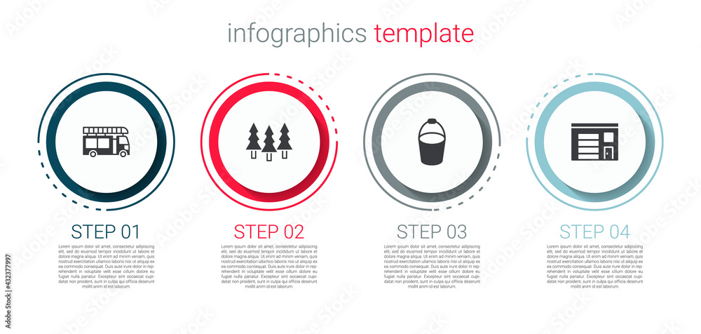 Fototapeta premium Set Fire truck, Forest, bucket and Building of fire station. Business infographic template. Vector